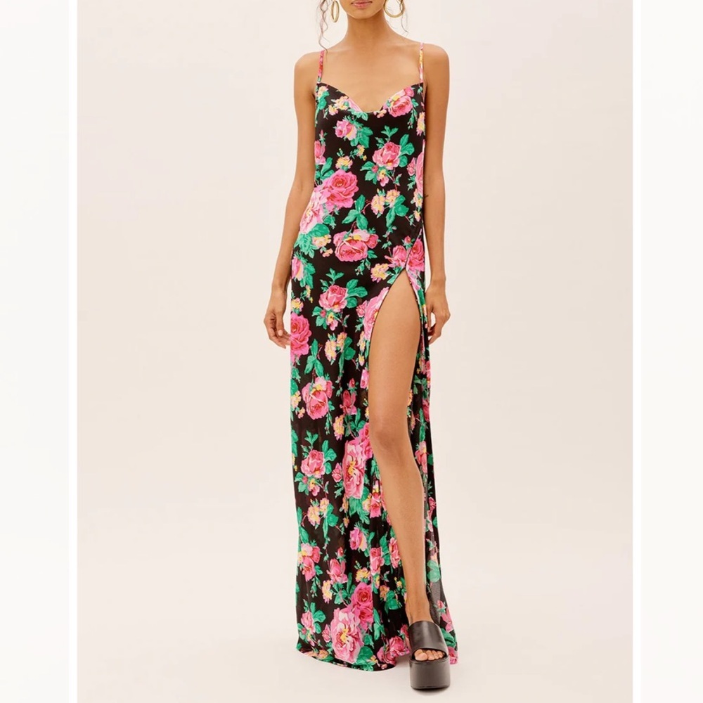 For Love & Lemons Black Maxi Dress with Pink Floral Print